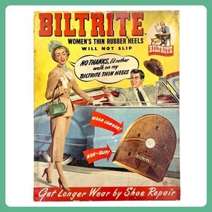 1940s Biltrite Rubber Heels Vintage Advertising Sign 22" Cardboard Women Car